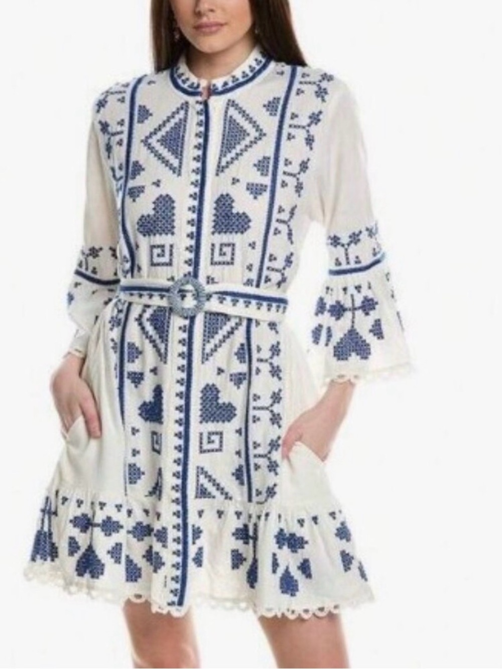 FARM Rio White Mini Dress with Blue Embroidery and Beaded Belt